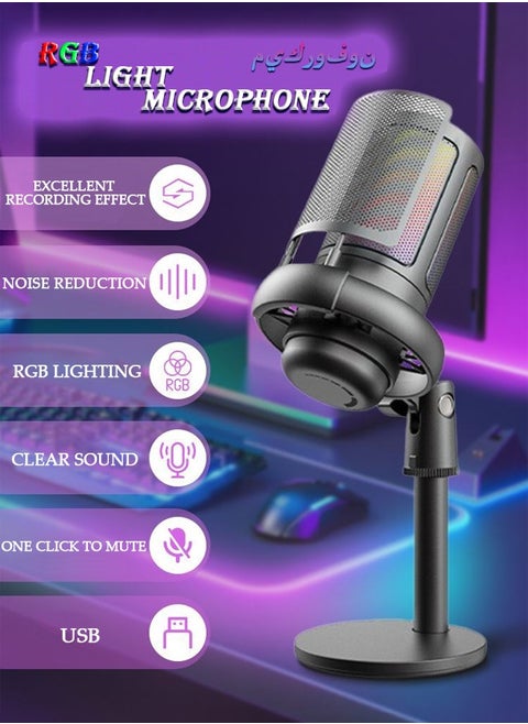 RGB Gaming Microphone for PC/PS5 with Volume Controlling Pop Filter Condensor Mic with Quick Mute Podcast Microphone for Streaming Twitch/Discord/YouTube