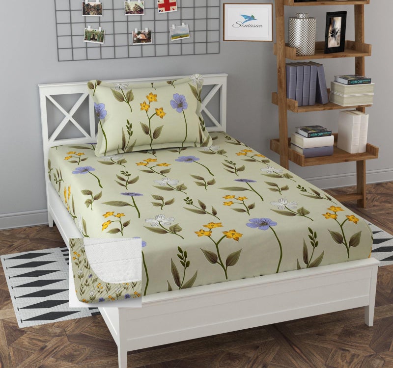 Soniasaa 308 TC Cotton Feel All Around Elastic Fitted Bedsheet, Elastic Fitted Bedsheet Single Size Bedsheet for Single Bed with 1 Pillow Cover, Size - 72 x 36 x 8 Inche Color - Image 1