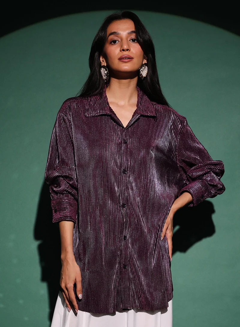 PINACOLADA Women's Plum Purple Metallic Pleated Shirt