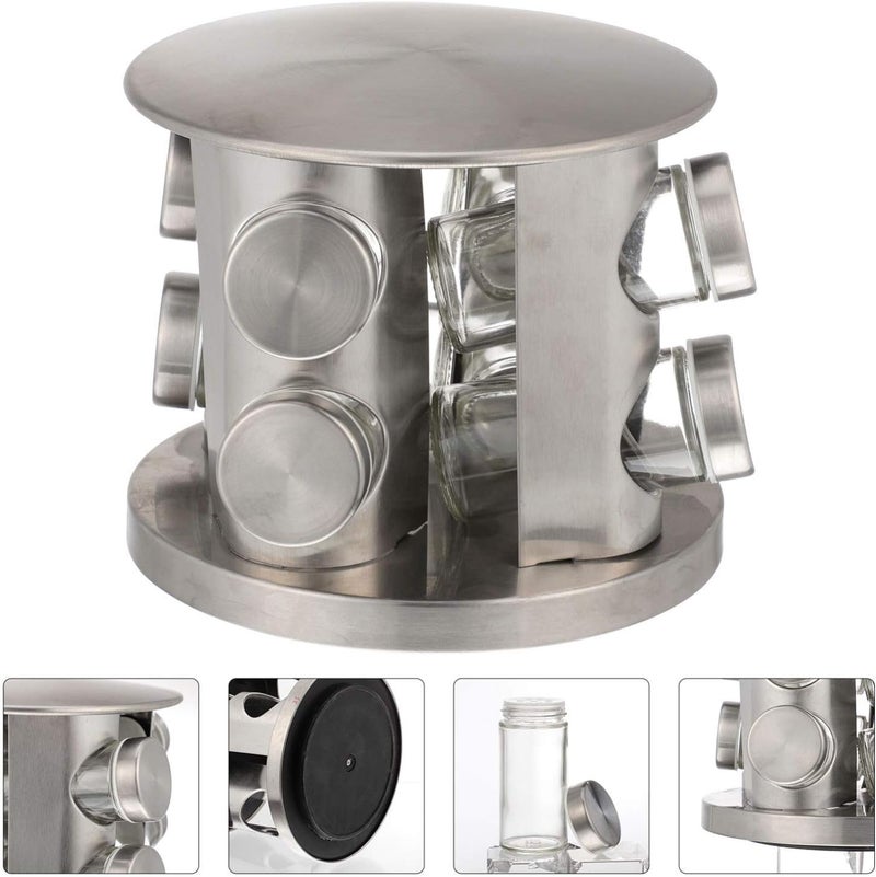 Olpad Seasoning Box containers with lids Seasoning Bottle Kitchen Rack Metal Pepper jar pots Glass Storage Jars with lids Spice Jar Kitchen Shelf to Rotate Food Stainless Steel 8 Jar - Image 2