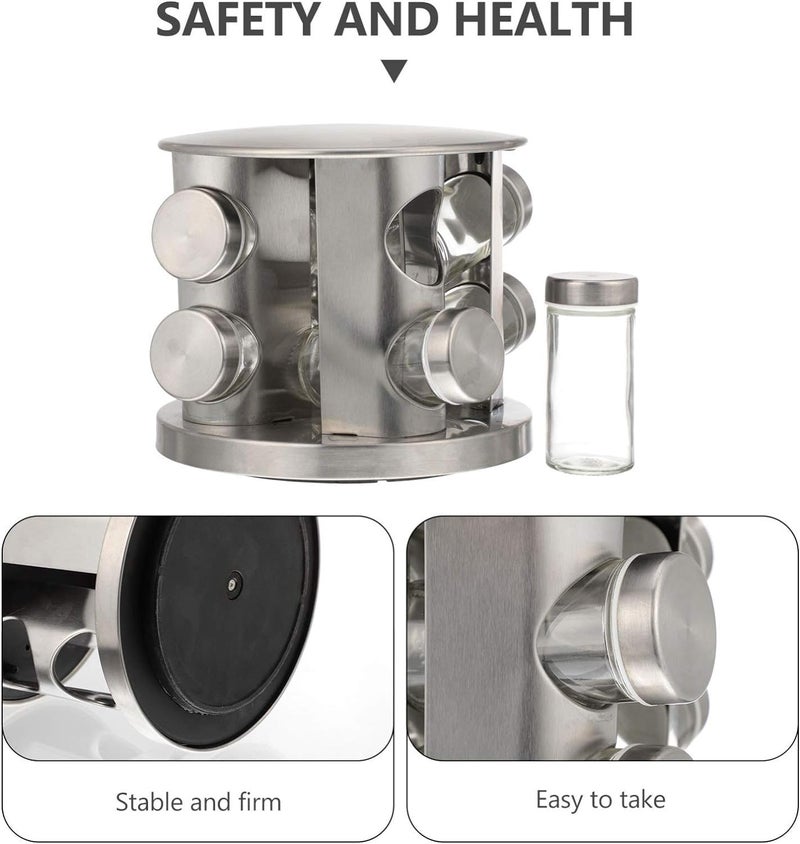 Olpad Seasoning Box containers with lids Seasoning Bottle Kitchen Rack Metal Pepper jar pots Glass Storage Jars with lids Spice Jar Kitchen Shelf to Rotate Food Stainless Steel 8 Jar - Image 5
