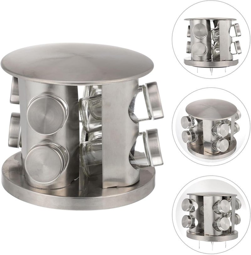 Olpad Seasoning Box containers with lids Seasoning Bottle Kitchen Rack Metal Pepper jar pots Glass Storage Jars with lids Spice Jar Kitchen Shelf to Rotate Food Stainless Steel 8 Jar - Image 4