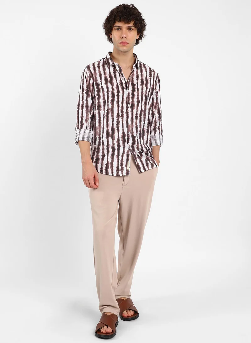 Campus Sutra Men's Taupe Brown & Daisy White Ink-Striped Shirt