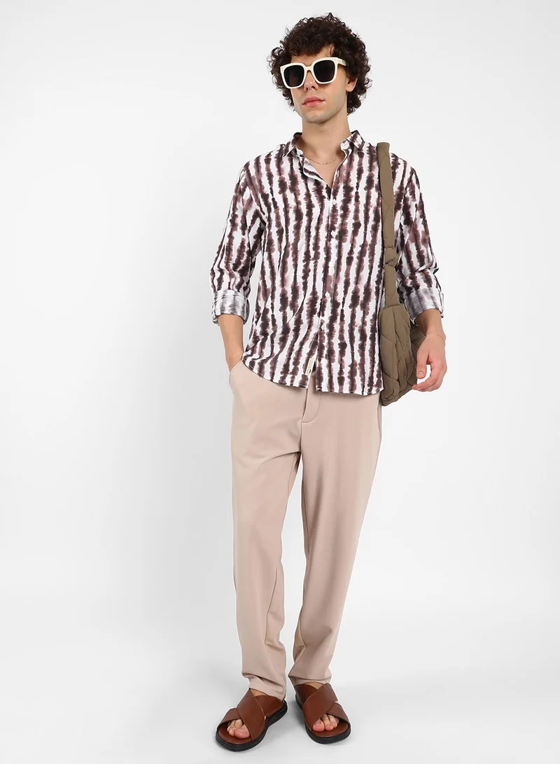 Campus Sutra Men's Taupe Brown & Daisy White Ink-Striped Shirt