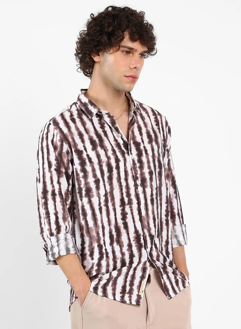Campus Sutra Men's Taupe Brown & Daisy White Ink-Striped Shirt