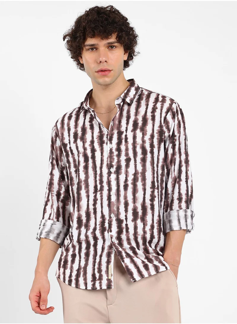كامبوس سوترا Men's Taupe Brown & Daisy White Ink-Striped Shirt