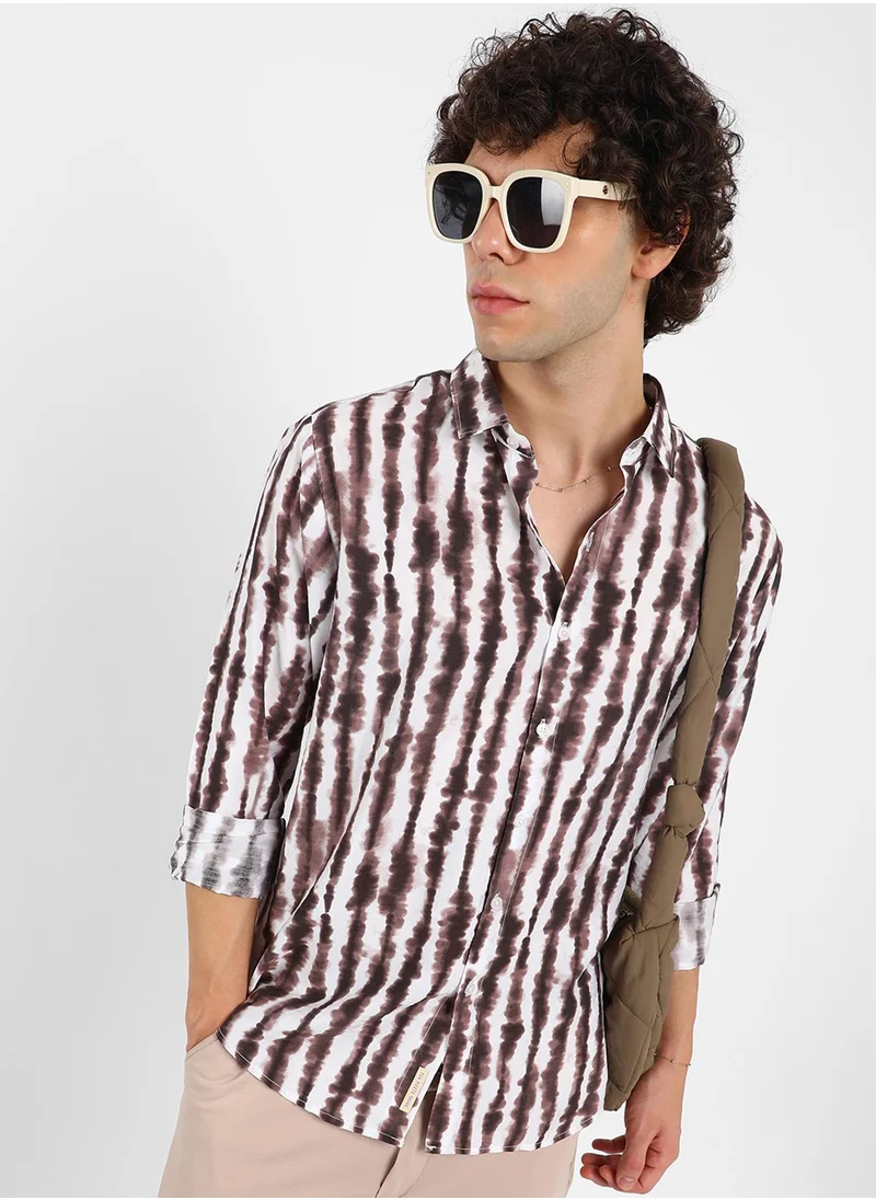 كامبوس سوترا Men's Taupe Brown & Daisy White Ink-Striped Shirt
