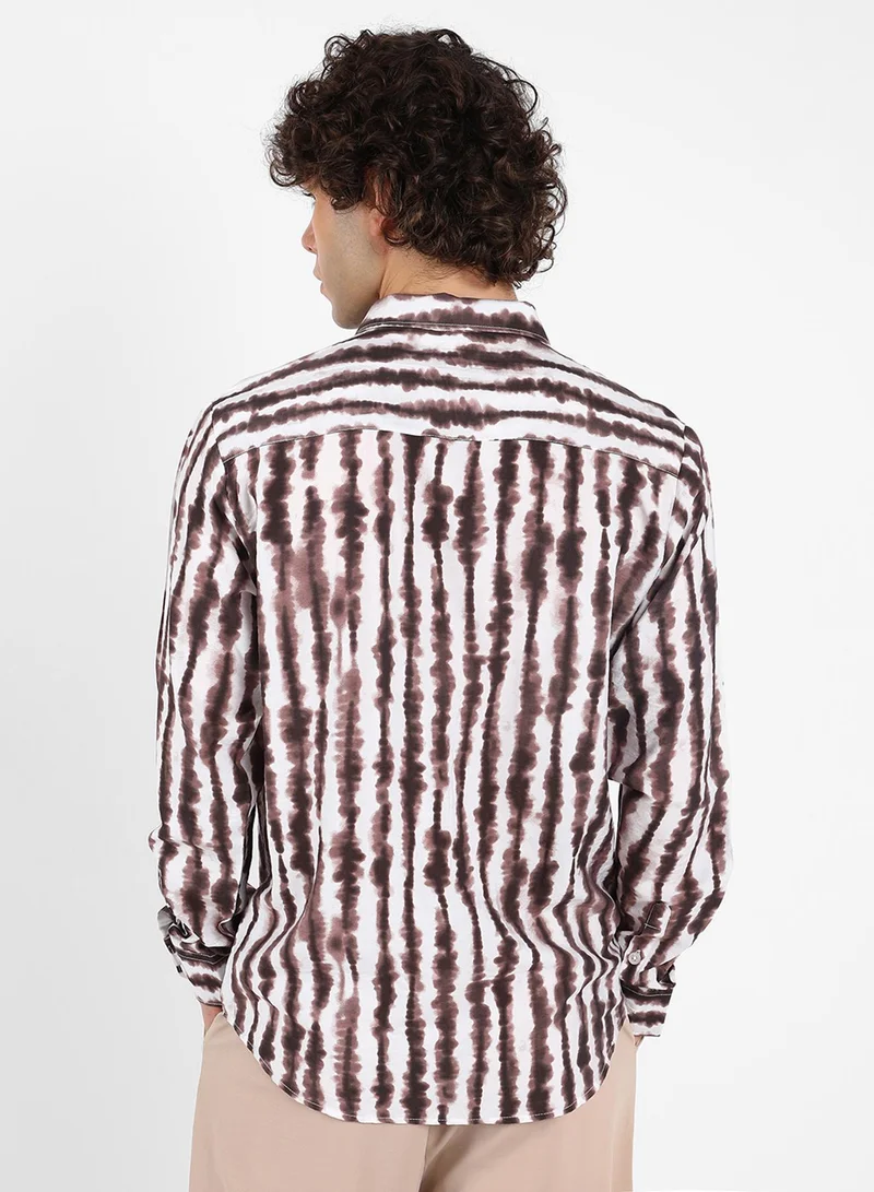 Campus Sutra Men's Taupe Brown & Daisy White Ink-Striped Shirt
