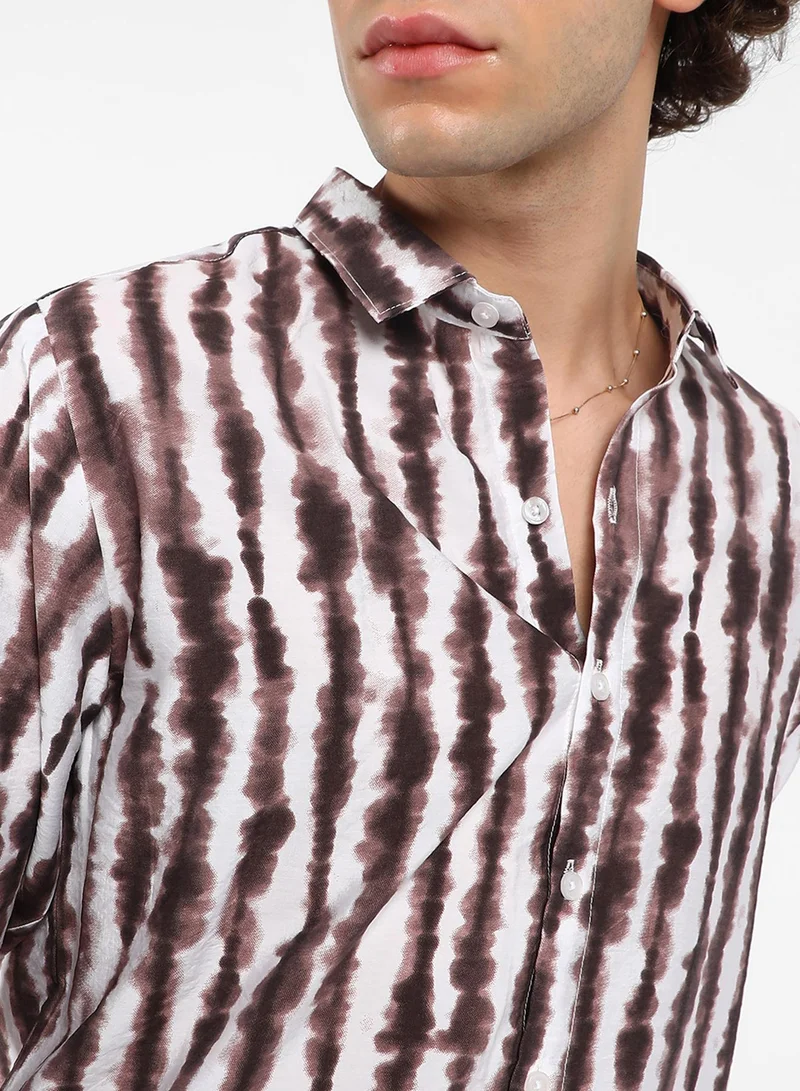 Campus Sutra Men's Taupe Brown & Daisy White Ink-Striped Shirt