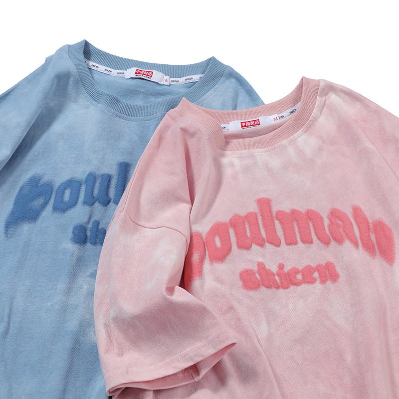 American Street Hiphop Tie-Dyed T-Shirt Summer Trendy All-Match Letter Printing Sweet Cool Style Couple Half Sleeve Top - Image 2