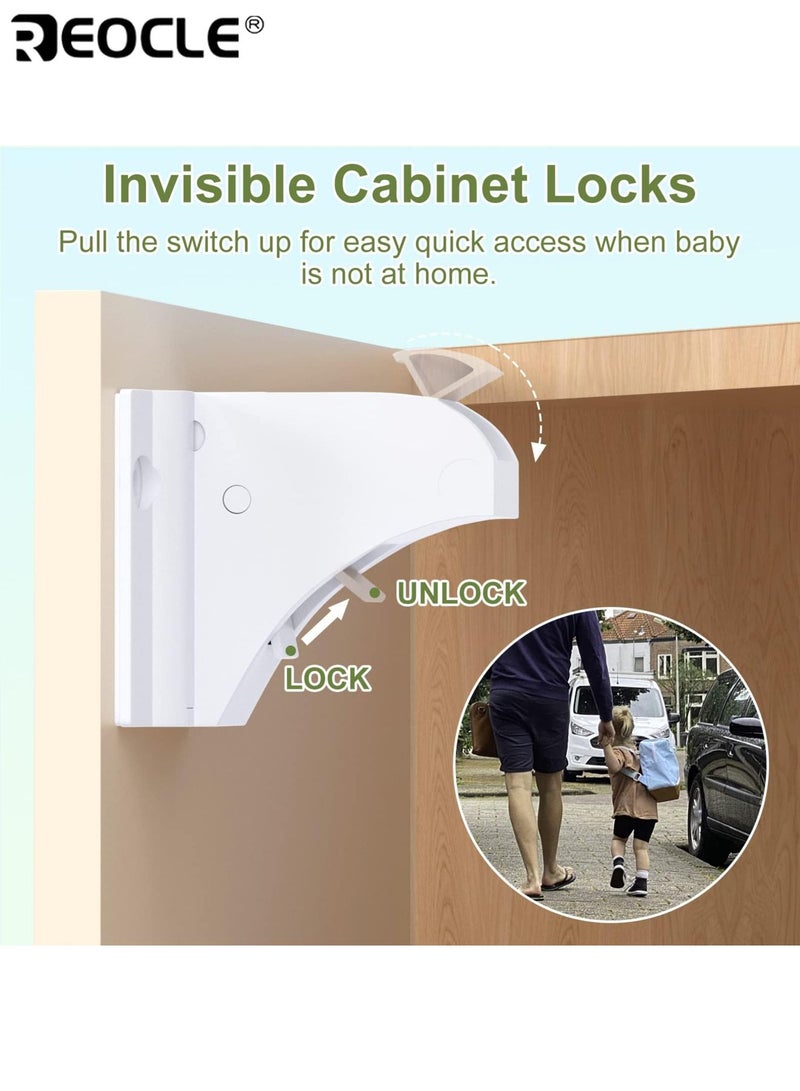 ريوكل 4 قطع أقفال خزانة سلامة الطفل المغناطيسية مع 1 مفاتيح خزانات واقية من الأطفال الأدراج لا حاجة إلى مسامير الحفر تتضمن 1 قفل أمان للأطفال للمقابض سهلة التركيب مثالية لسلامة الطفل في المنزل - Image 4