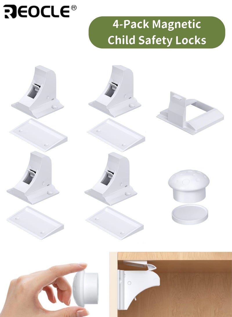 ريوكل 4 قطع أقفال خزانة سلامة الطفل المغناطيسية مع 1 مفاتيح خزانات واقية من الأطفال الأدراج لا حاجة إلى مسامير الحفر تتضمن 1 قفل أمان للأطفال للمقابض سهلة التركيب مثالية لسلامة الطفل في المنزل - Image 1