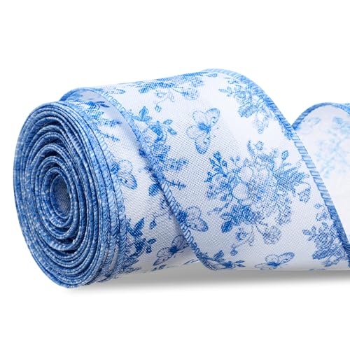 Canlierr Floral Blue Wired Edge Ribbon Vintage Flower Fabric Craft Ribbon Chinoiserie Fabric Decoration for DIY Crafts Wreath Wrapping Party Supplies Favors Bow Making 10 Yards - Image 1