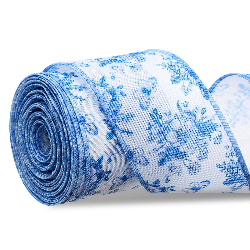 Canlierr Floral Blue Wired Edge Ribbon Vintage Flower Fabric Craft Ribbon Chinoiserie Fabric Decoration for DIY Crafts Wreath Wrapping Party Supplies Favors Bow Making 10 Yards - Image 3