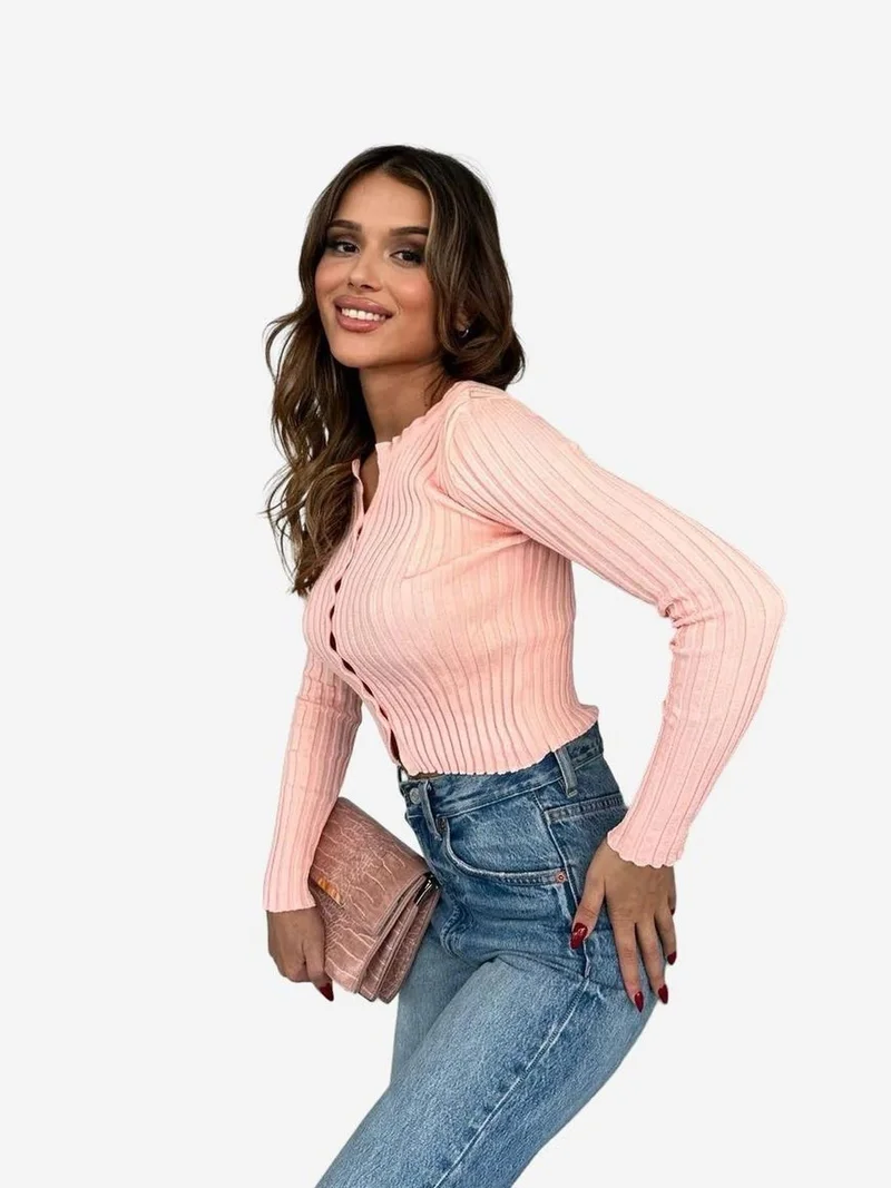 My Fashion Powder Pink MY FASHION Fitted Ribbed Crop Sweater with Buttons for Women | Best Price UAE