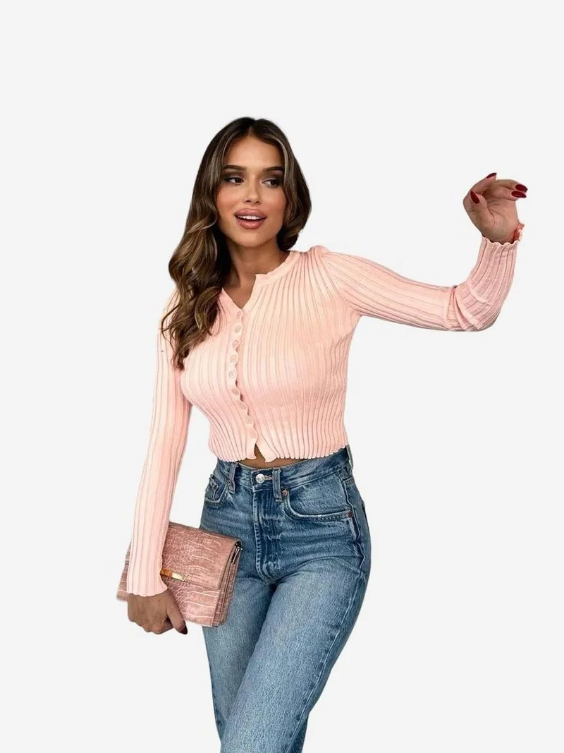 MY FASHION Fitted Ribbed Crop Sweater with Buttons