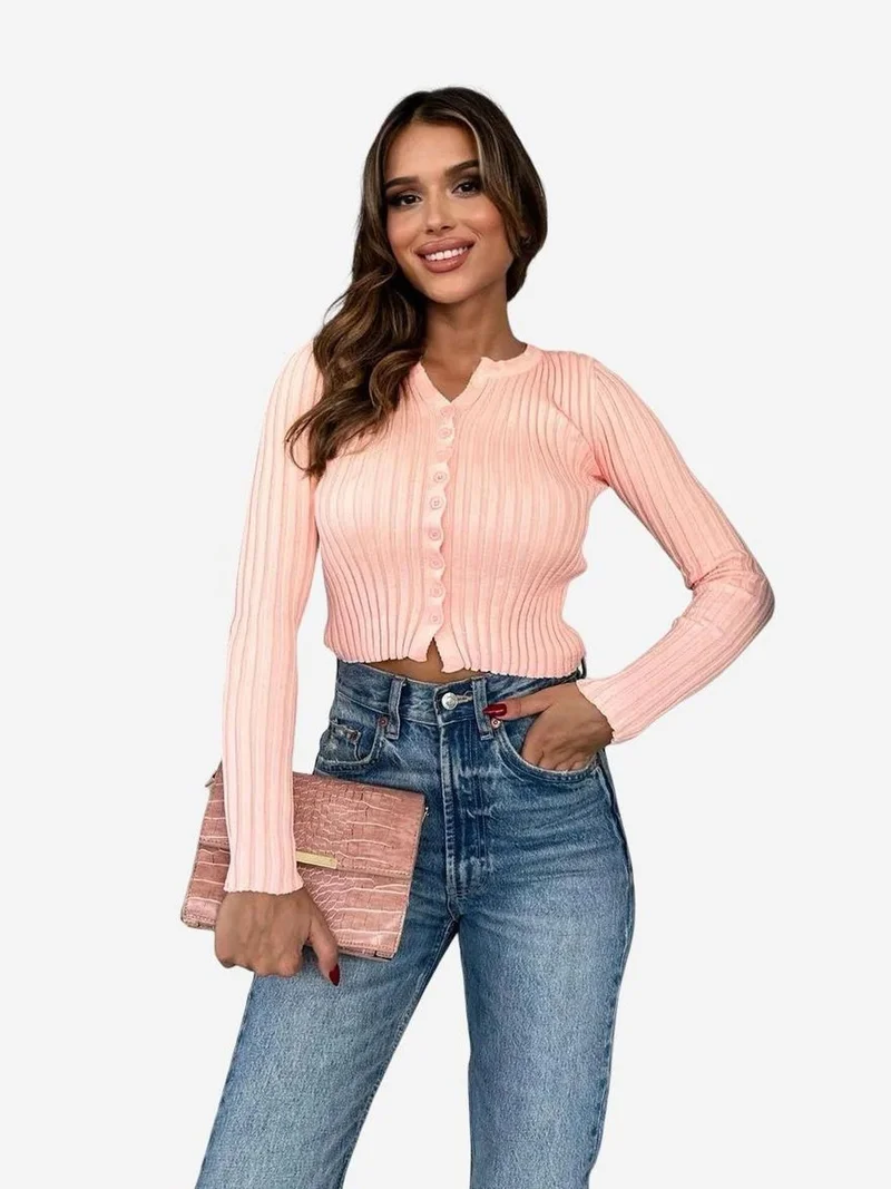 My Fashion Powder Pink MY FASHION Fitted Ribbed Crop Sweater with Buttons for Women | Best Price UAE