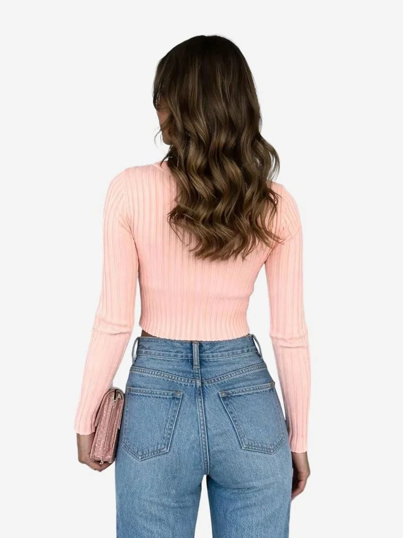 My Fashion Powder Pink MY FASHION Fitted Ribbed Crop Sweater with Buttons for Women | Best Price UAE