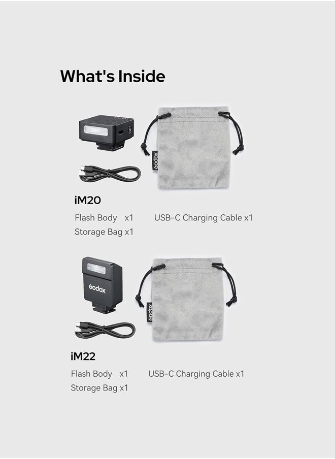 Godox iM20 Camera Flash, USB C Charging Built-in Battery with 5 Levels Flash Power for Canon/Sony/Fuji/Nikon/Panasonic/Olympus, for Cameras with Single-Contact Hotshoe