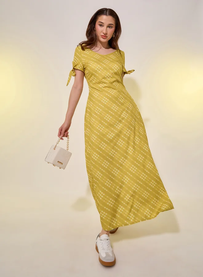 ستايلي Styli Striped Tie-Up Sleeve Cuff Midi Dress