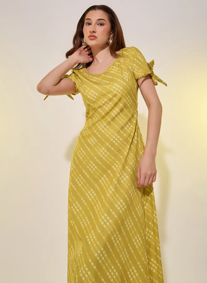 Styli Styli Striped Tie-Up Sleeve Cuff Midi Dress