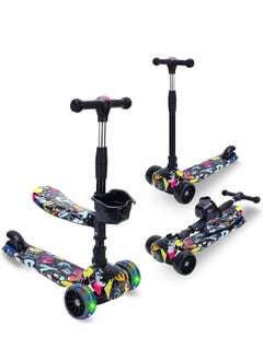 2 in 1 Kids Scooter Adjustable Height Foldable Kick Scooter with Removable Seat, LED Light Flashing Wheel