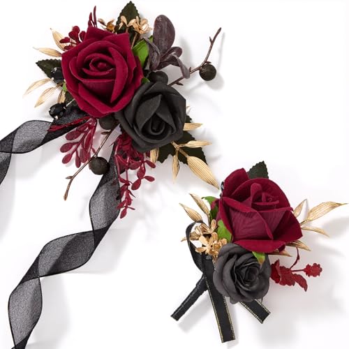 Alecono Burgundy Corsage and Boutonniere Set Red and Black Rose Corsage Wristlet and Boutonniere for Wedding Prom Flower Accessories Suit Decorations - Image 1