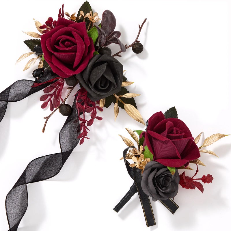Alecono Burgundy Corsage and Boutonniere Set Red and Black Rose Corsage Wristlet and Boutonniere for Wedding Prom Flower Accessories Suit Decorations - Image 2