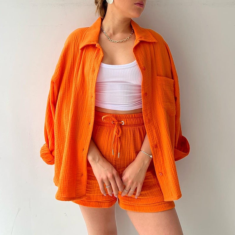 2023 European and American Solid Color Womens Fashion Casual Two-piece Cotton and Linen Lapel Long Sleeve Shirt High Waist Drawstring Shorts Orange Red - Image 1