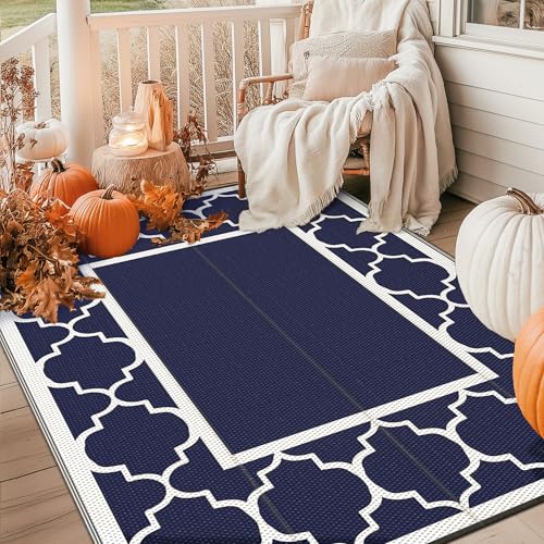 GENIMO 6' x 9' Outdoor Rug Waterproof for Patio Fall Decor, Foldable Reversible Plastic Straw Area Rugs Mat for Camper, Outside Carpet for Rv, Deck, Porch, Picnic, Beach, Balcony, Blue & White - Image 3