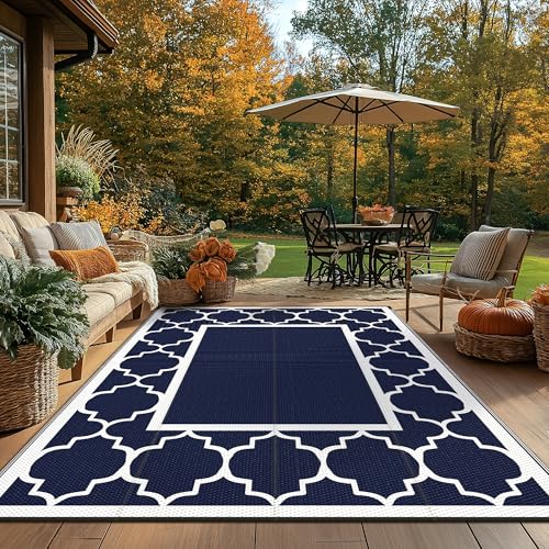 GENIMO 6' x 9' Outdoor Rug Waterproof for Patio Fall Decor, Foldable Reversible Plastic Straw Area Rugs Mat for Camper, Outside Carpet for Rv, Deck, Porch, Picnic, Beach, Balcony, Blue & White - Image 2