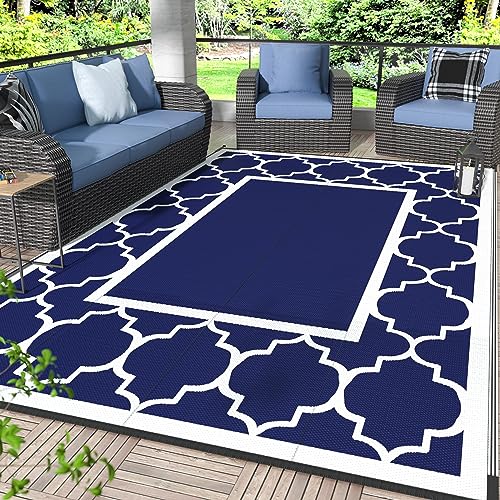 GENIMO 6' x 9' Outdoor Rug Waterproof for Patio Fall Decor, Foldable Reversible Plastic Straw Area Rugs Mat for Camper, Outside Carpet for Rv, Deck, Porch, Picnic, Beach, Balcony, Blue & White - Image 1