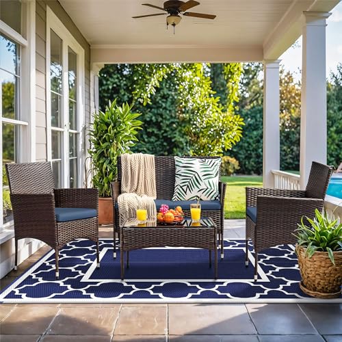 GENIMO 6' x 9' Outdoor Rug Waterproof for Patio Fall Decor, Foldable Reversible Plastic Straw Area Rugs Mat for Camper, Outside Carpet for Rv, Deck, Porch, Picnic, Beach, Balcony, Blue & White - Image 5