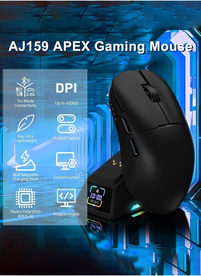 آجاز ماوس جيمينج AJ159 APEX ثلاثي الأوضاع، فئران ألعاب لاسلكية بدقة 8K، دقة تصل إلى 42 ألف نقطة في البوصة، وزن خفيف للغاية 56 جرام، قاعدة شحن مغناطيسية مع شاشة TFT، مستشعر Pixart PAW3395، مفتاح HUANO بسرعة 100 مليون نقرة، فئران ثلاثية الأوضاع، لأجهزة الكمبيوتر الشخصية/ماك، أسود  - Image 2