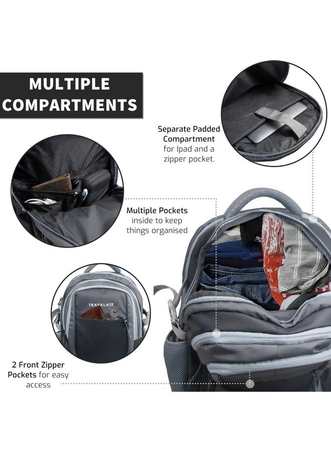 TRAVALATE 40L Four Compartment Backpack for School, Collage, Office, and Travel | Casual Laptop Backpack with Adjustable Padded Shoulder Strap, Mesh Back and Laptop Compartment| Grey - Image 3