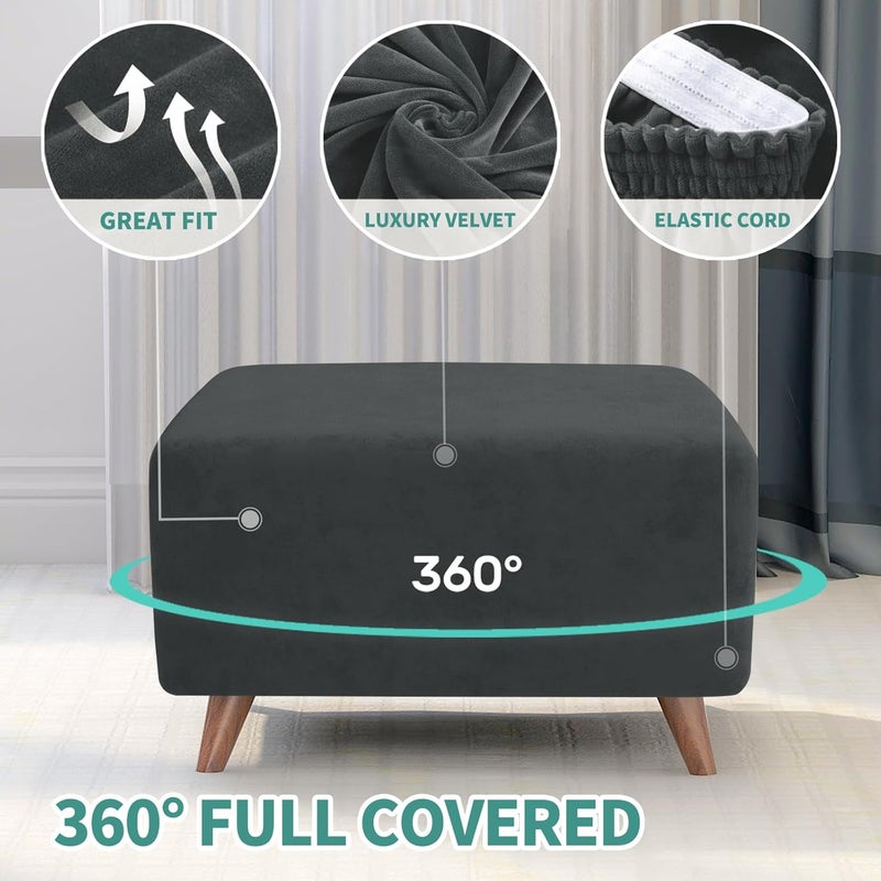 MAXIJIN Velvet Ottoman Cover Rectangular Stretch Square Ottoman Covers Slipcover Rectangle Washable Foot Stool Cover Thick Storage Protector with Elastic Bottom (Ottoman Medium, Grey) - Image 4
