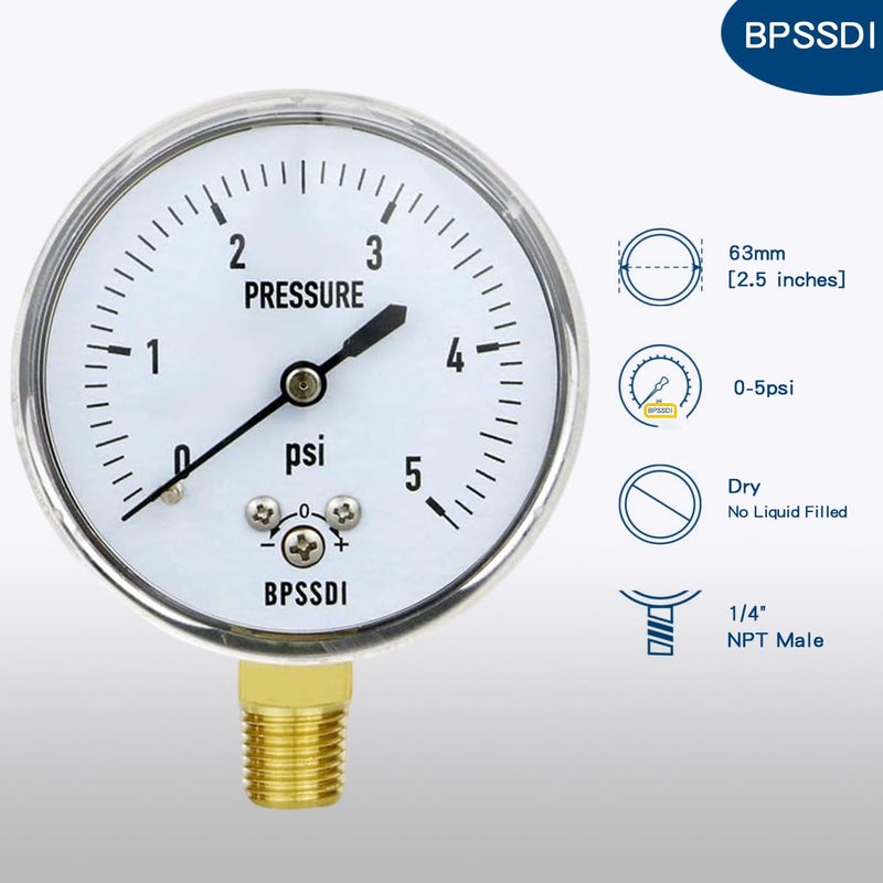 BPSSDI 0-5 Psi Low Pressure Gauge, Capsule Gauge with 304 Stainless Steel Case, 2.5" Dial Size, 1/4" NPT Lower Mount, Zero Adjustment, for Air Water Gas Pressure Test - Image 2