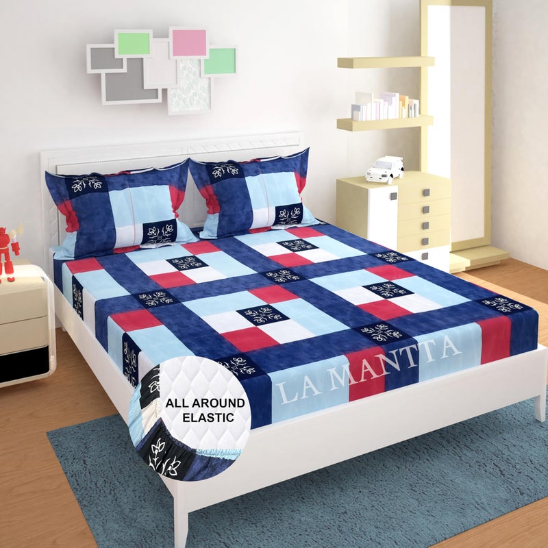 LA MANTTA 310 TC Cotton Elastic Fitted Bedsheet King Size Double Bed with 2 Pillow Covers (bedsheet Size 72" x 78" inch) Pillow Covers (Size 17x27 inches) (Fitted) - LMFTD8 - Image 1