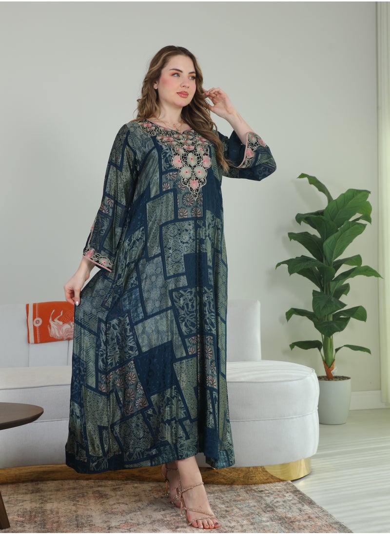 Bint Al Bilad Bint Al Bilad Women's Summer Long Luxury Jalabiya | Full-Length Kaftan Dress for Ramadan, Eid Ul Fitr, Wedding, Special Occasions | Embroidered Saudi Abaya | Modest Islamic Clothing  - Image 1