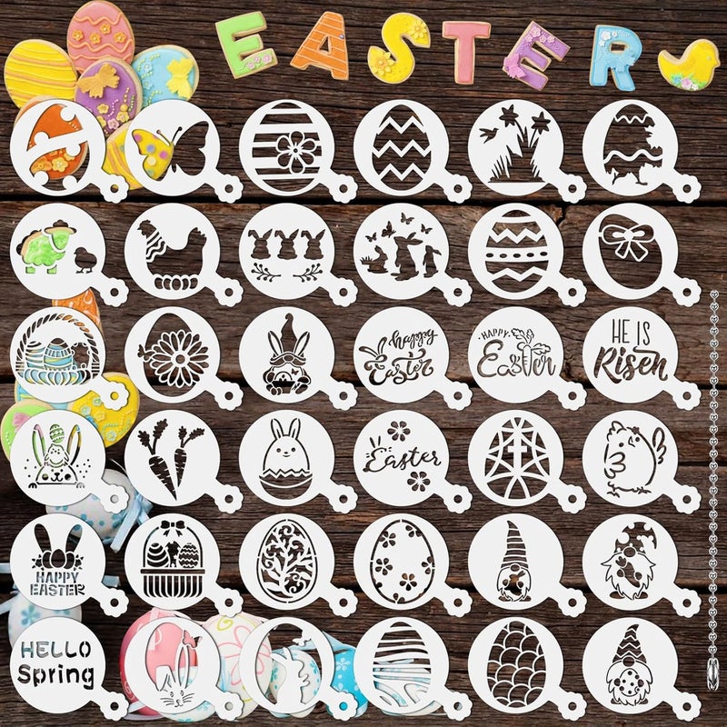 JULBEAR Easter Cookie Stencils, 36Pcs Reusable Eggs Bunny Cookie Coffee Stencils Templates Mold Tools for Cookies Baking Painting Dessert Coffee Decoration Easter Party Supplies - Image 1