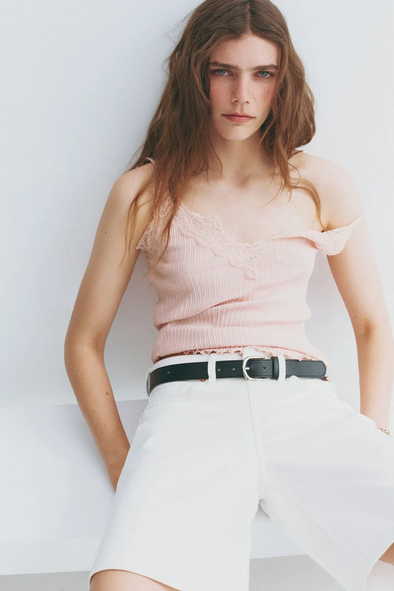 H&M Lace-trimmed pointelle-knit top