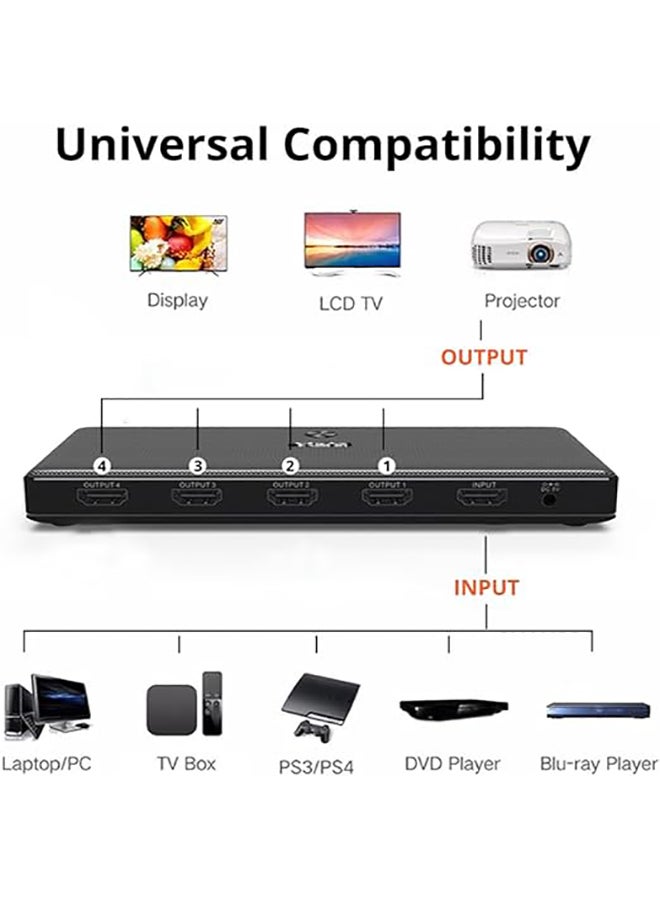 MOWSIL 4K 1x4 HDMI Splitter by - 1 Port to 4 HDMI Display Duplicate/Mirror - Powered Splitter Ver 1.4 Certified for Full HD 1080P High Resolution & 3D Support (One Input To Four Outputs) - Image 2