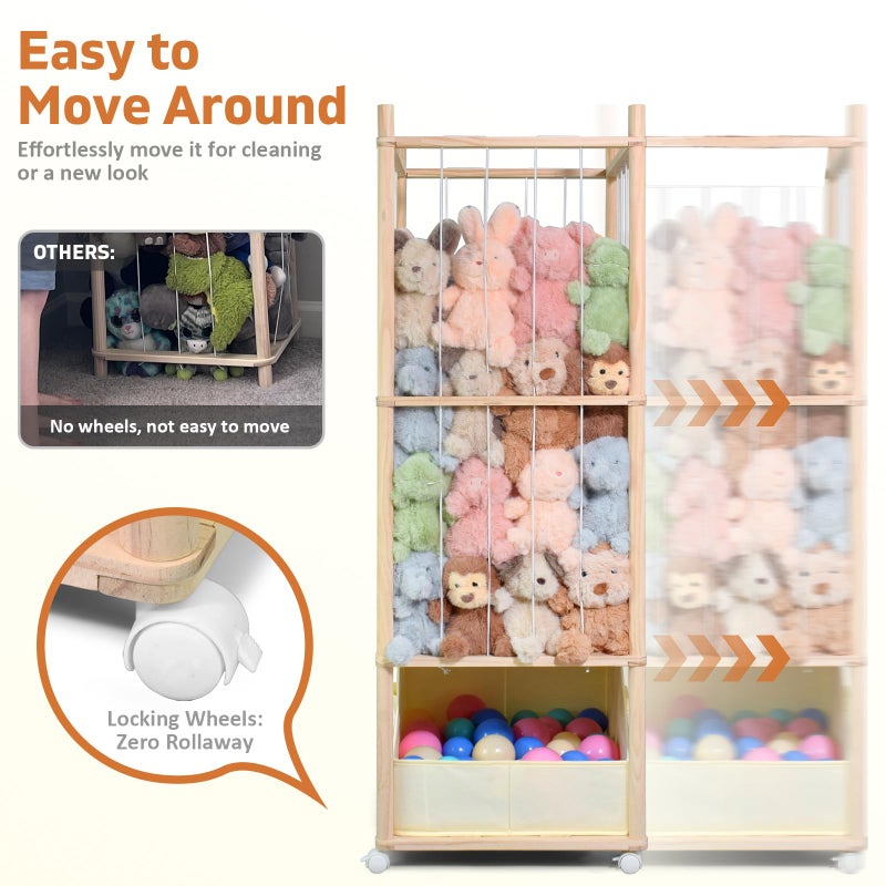 BENCHRY Stuffed Animal Storage with Tiny Toys Tray, Wood Stuffed Animal Zoo Storage with Brake Wheels, Space-Saving Plushie Playhouse for Nursery, Playroom, Kids Bedroom- Easy Assembly - Image 3