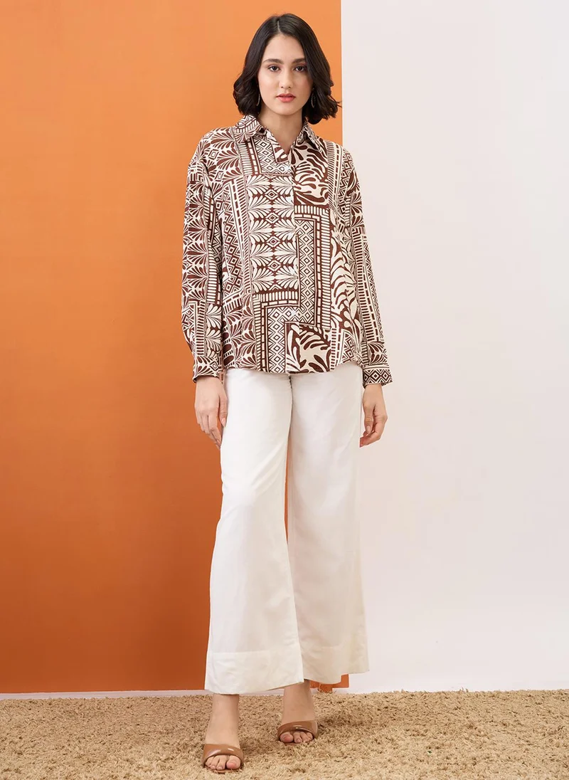 globus Globus Women Brown Collared Neck Cuffed Sleeves Tribal Print Oversized Shirt