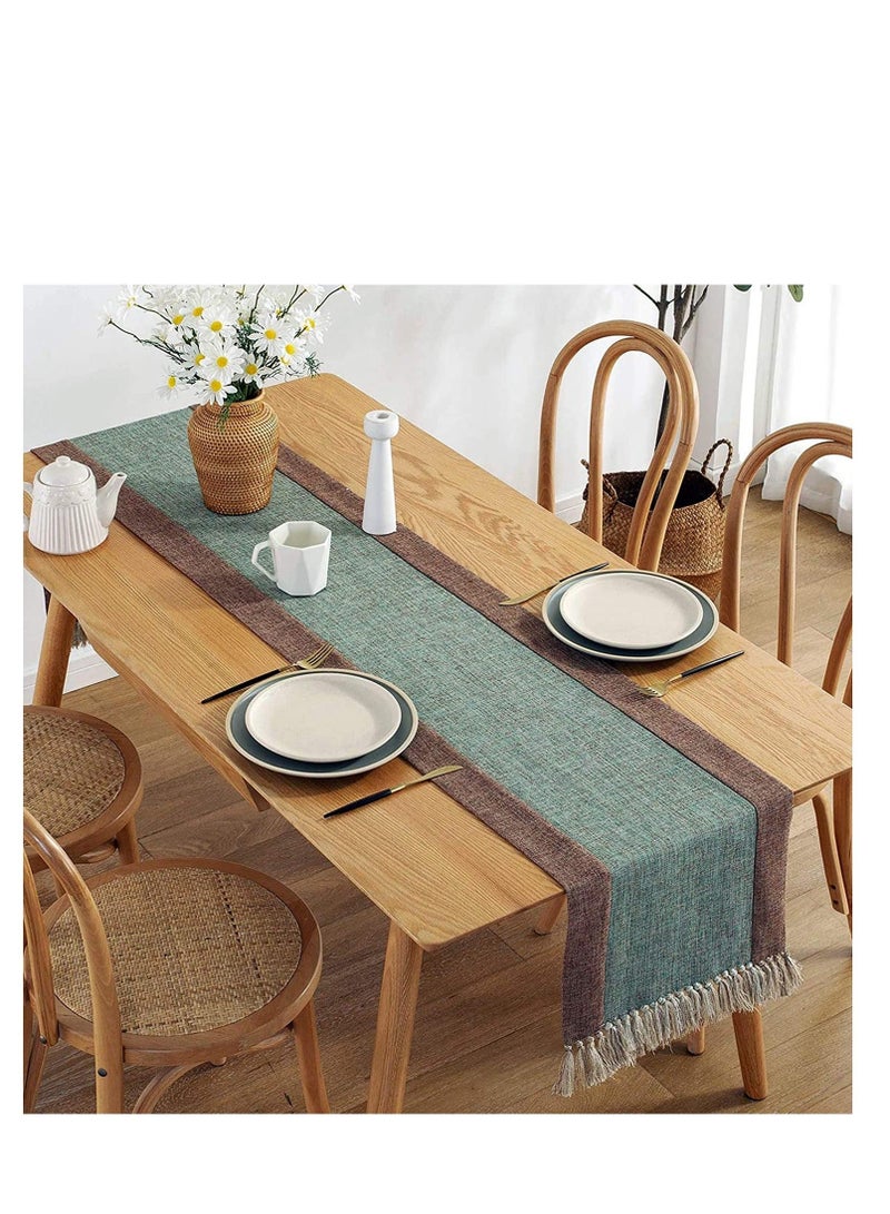 Captaintech Table Runner, Rustic Cotton Linen Table Runners with Boho Fringe, Farmhouse Style Burlap Holiday Tablerunner for Coffee Dining Party Wedding (Green 15 x 72 inch) - Image 1
