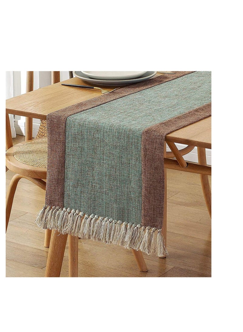 Captaintech Table Runner, Rustic Cotton Linen Table Runners with Boho Fringe, Farmhouse Style Burlap Holiday Tablerunner for Coffee Dining Party Wedding (Green 15 x 72 inch) - Image 3