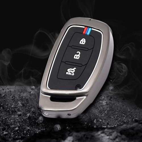 KMH Metal Shell Soft Silicone Key Cover Compatible with Hyundai Creta, Grand i10, i20, NIOS Asta, Venue, Aura, Elantra Smart keycover with Keychain 3 Button Key Shell Case Holder Protector (Metallic) - Image 3
