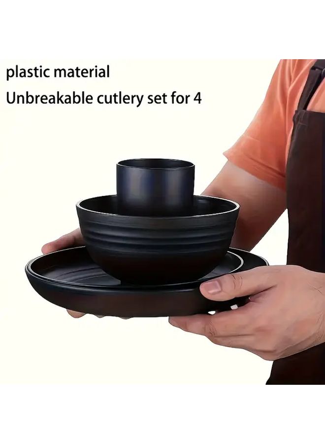 Black 16 Pcs Shatterproof Dinnerware Set Plates Bowls Cups Microwave Dishwasher Safe - Image 5