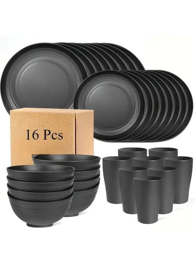 Black 16 Pcs Shatterproof Dinnerware Set Plates Bowls Cups Microwave Dishwasher Safe - Image 1