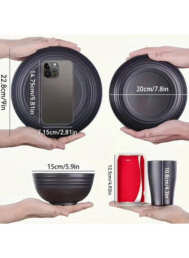Black 16 Pcs Shatterproof Dinnerware Set Plates Bowls Cups Microwave Dishwasher Safe - Image 2